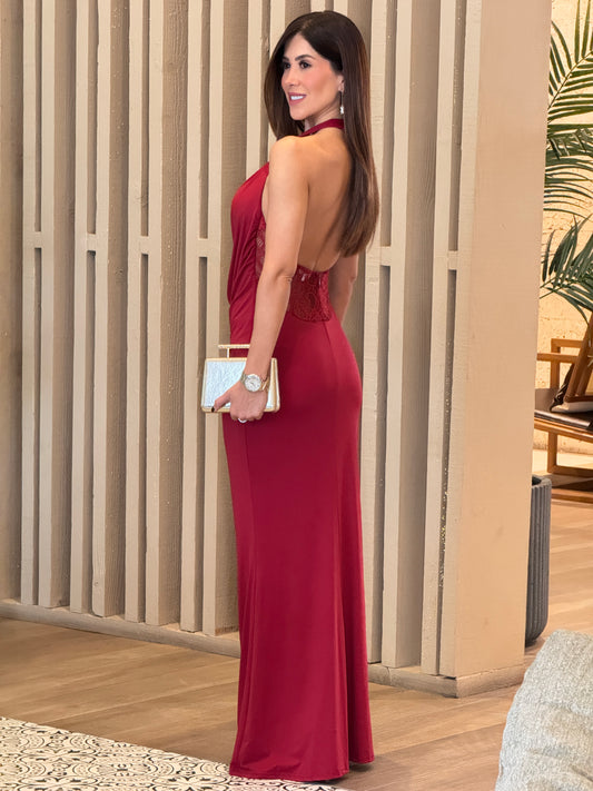 Luxxie Burgundy Lace High Neck Dress Gala