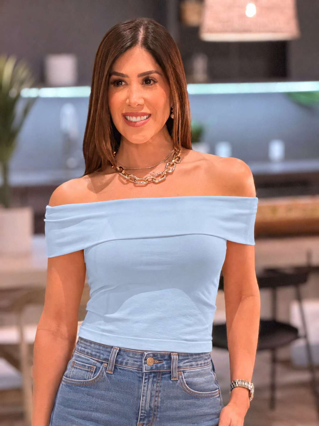 Dyna Blue Off Shoulder Basic Top