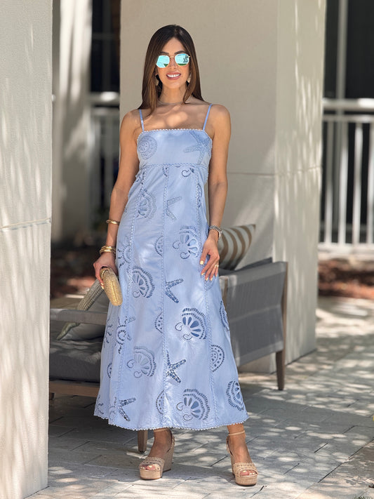 Hershey Blue Torchon Midi Dress