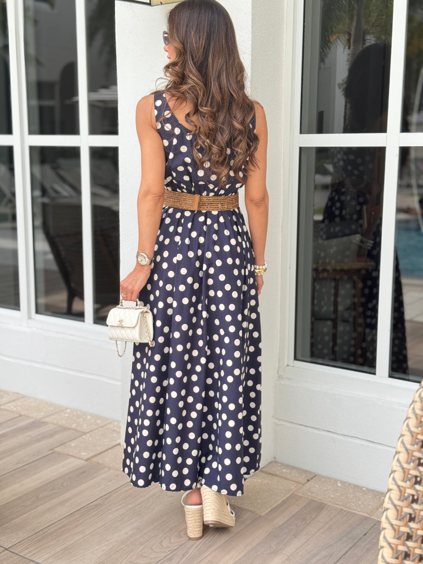 Italy Navy Polka Dots Belt Dress
