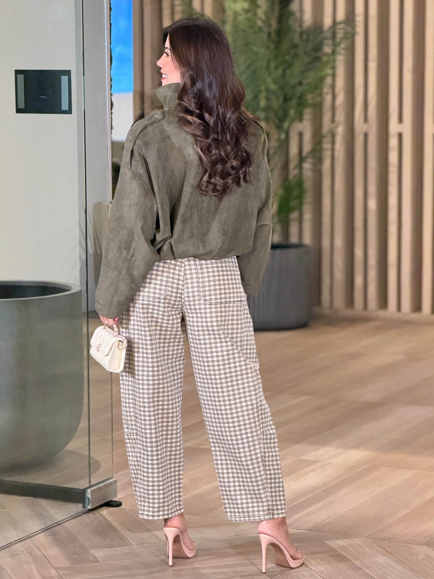 Miou Brown Vichy Print Barrel Pants