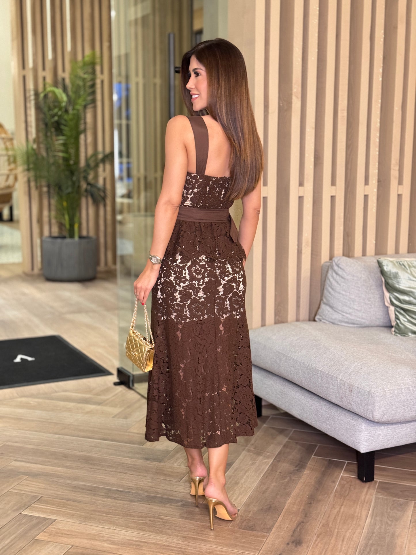Adelina Brown Lace Peplum Midi Dress