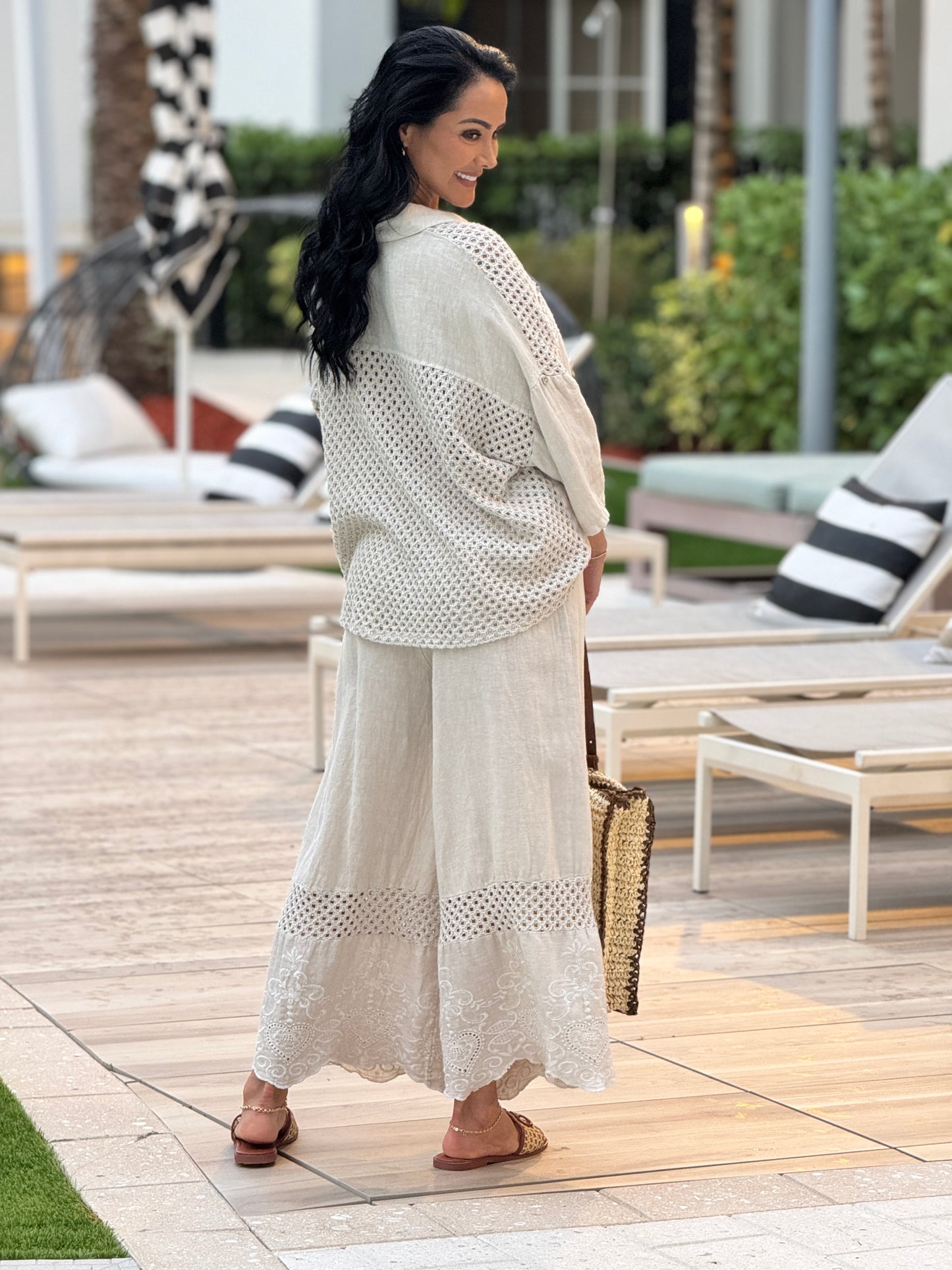 Silvia Beige Rhinestone Linen Set