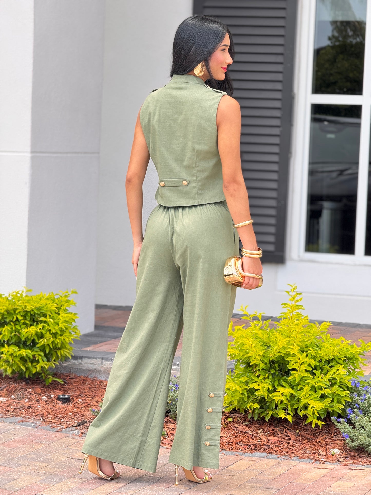 Creta Green Linen Studs Vest Set