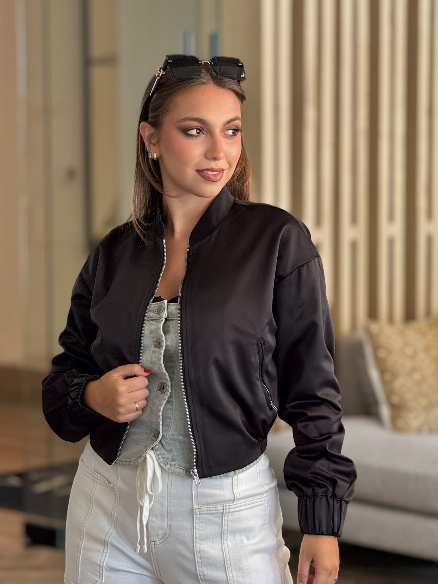 Adie Black Satin Bomber Jacket Top