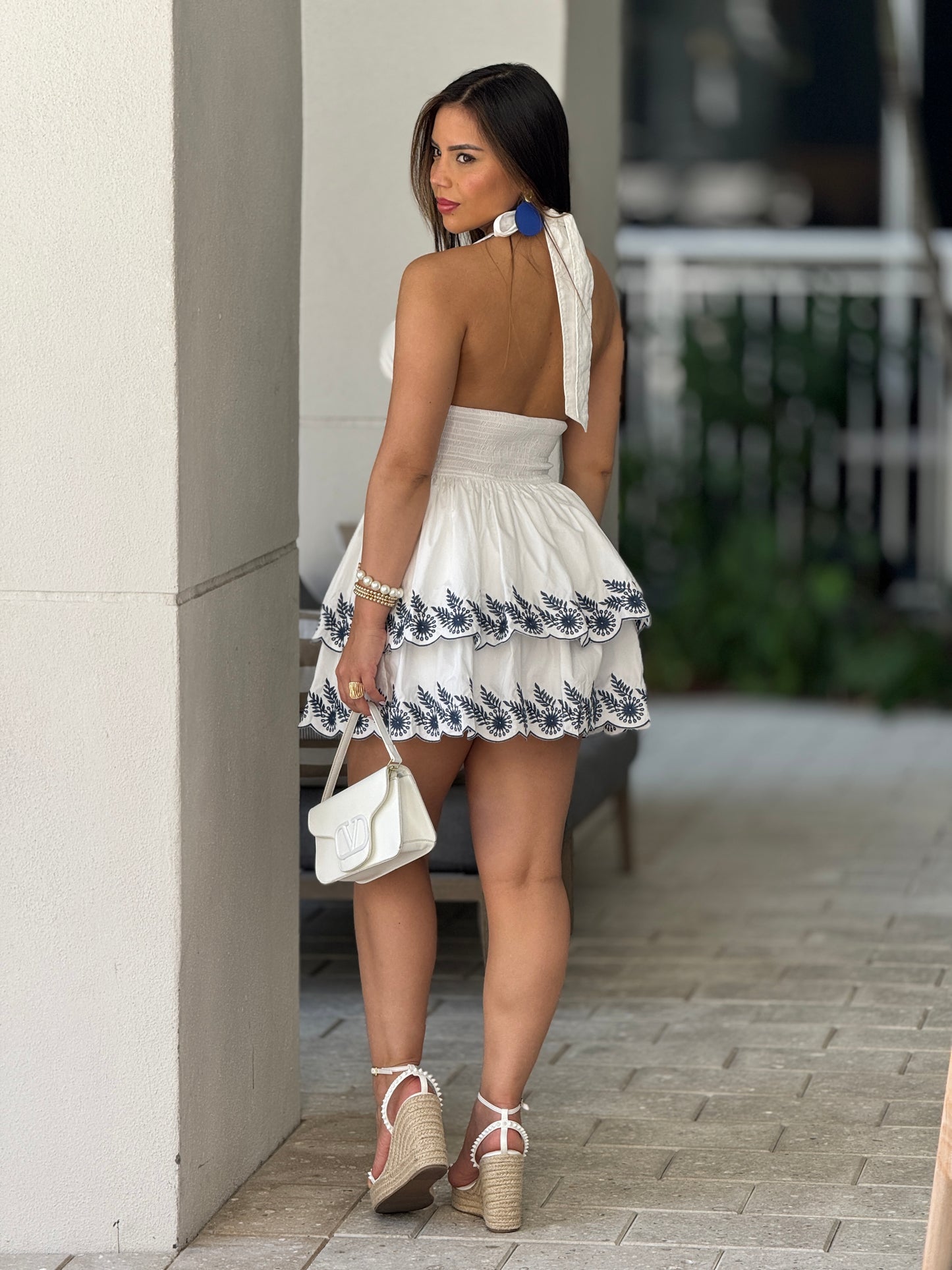 Evelyn White/Navy Embroidery Dress