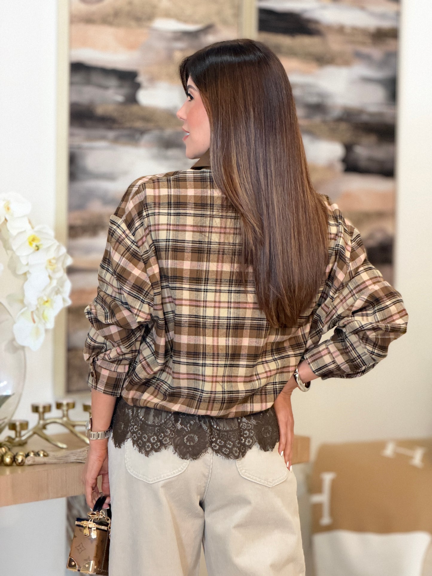 7671 Fp Brown Plaid Embellish Jacket Top