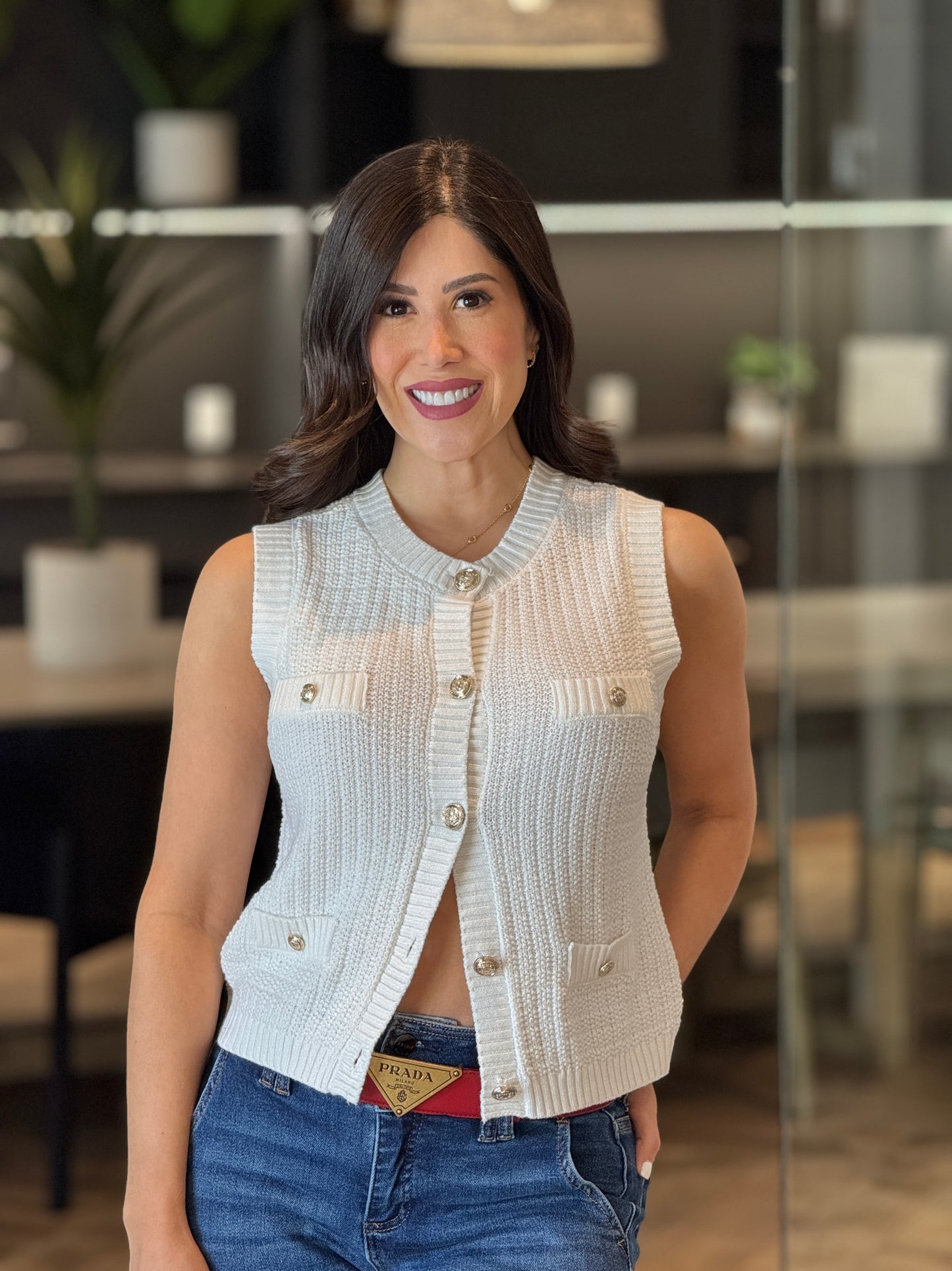 Glenda White Knitted Vest Top