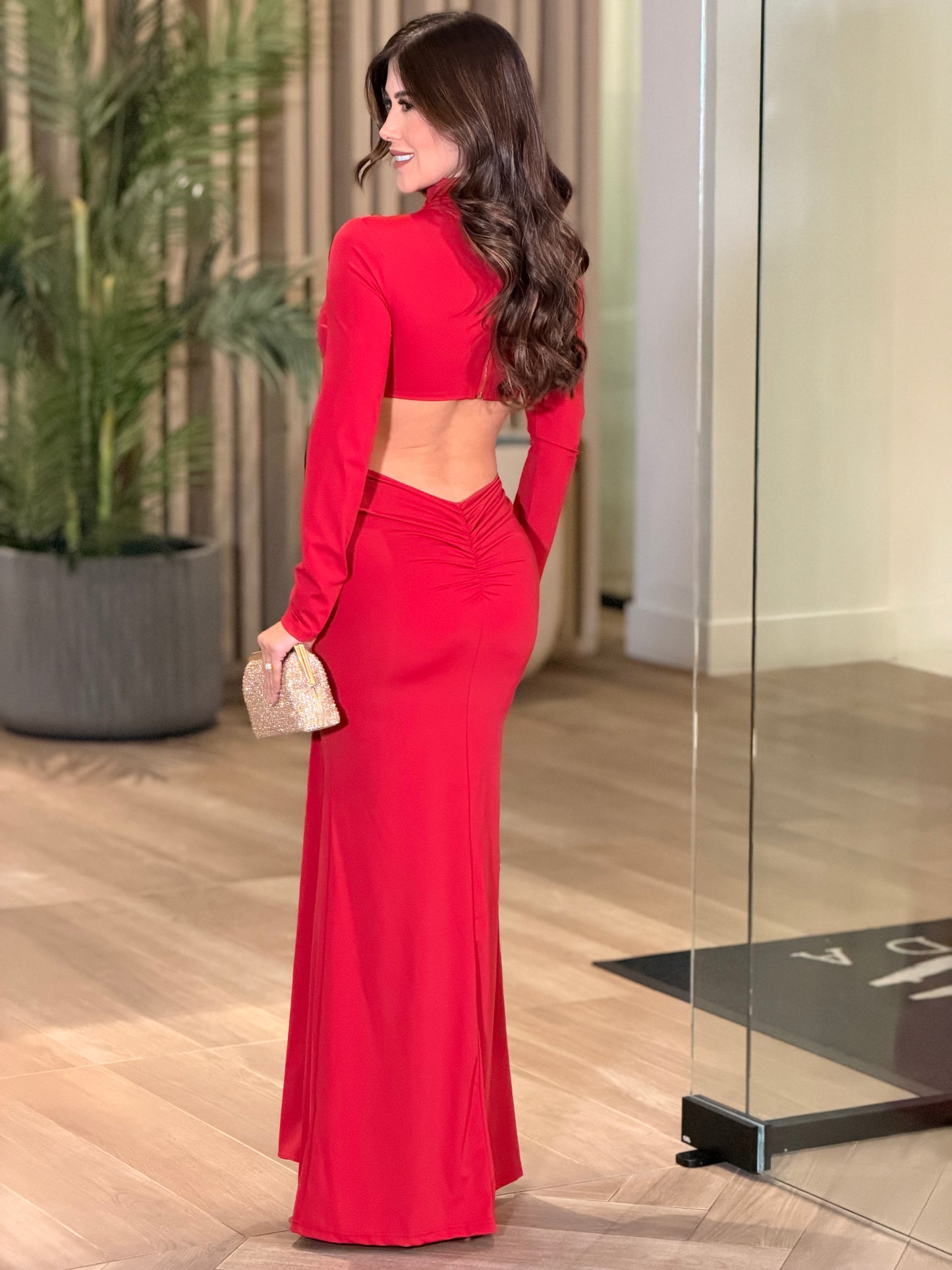 Alissa Red Lycra Long Sleeve Dress Gala
