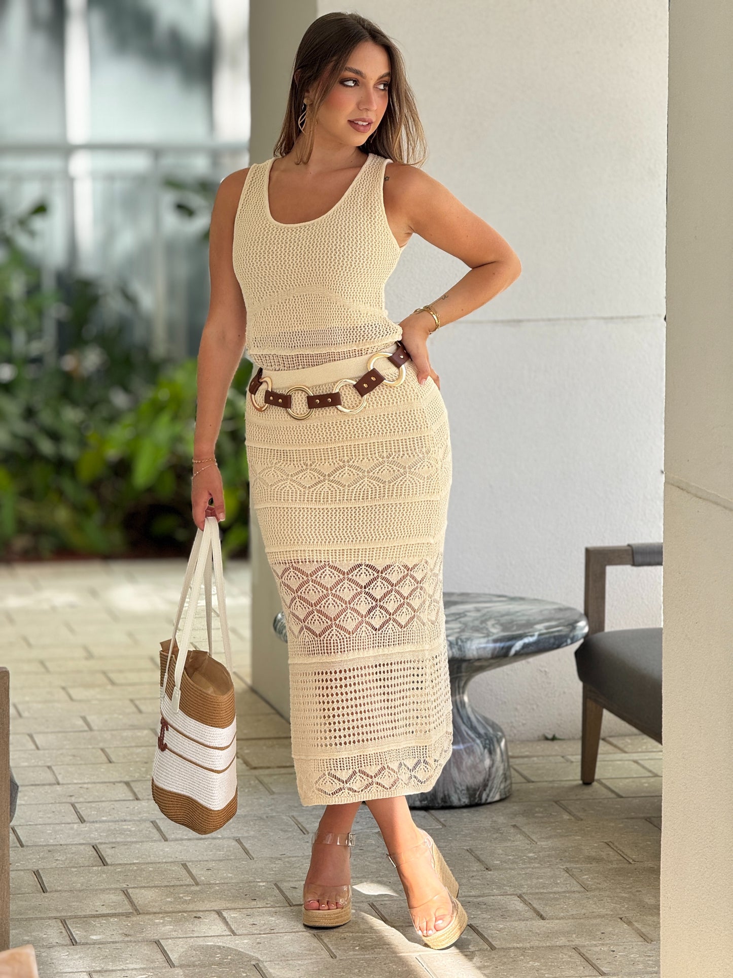 Sailing Beige Crochet Skirt Set