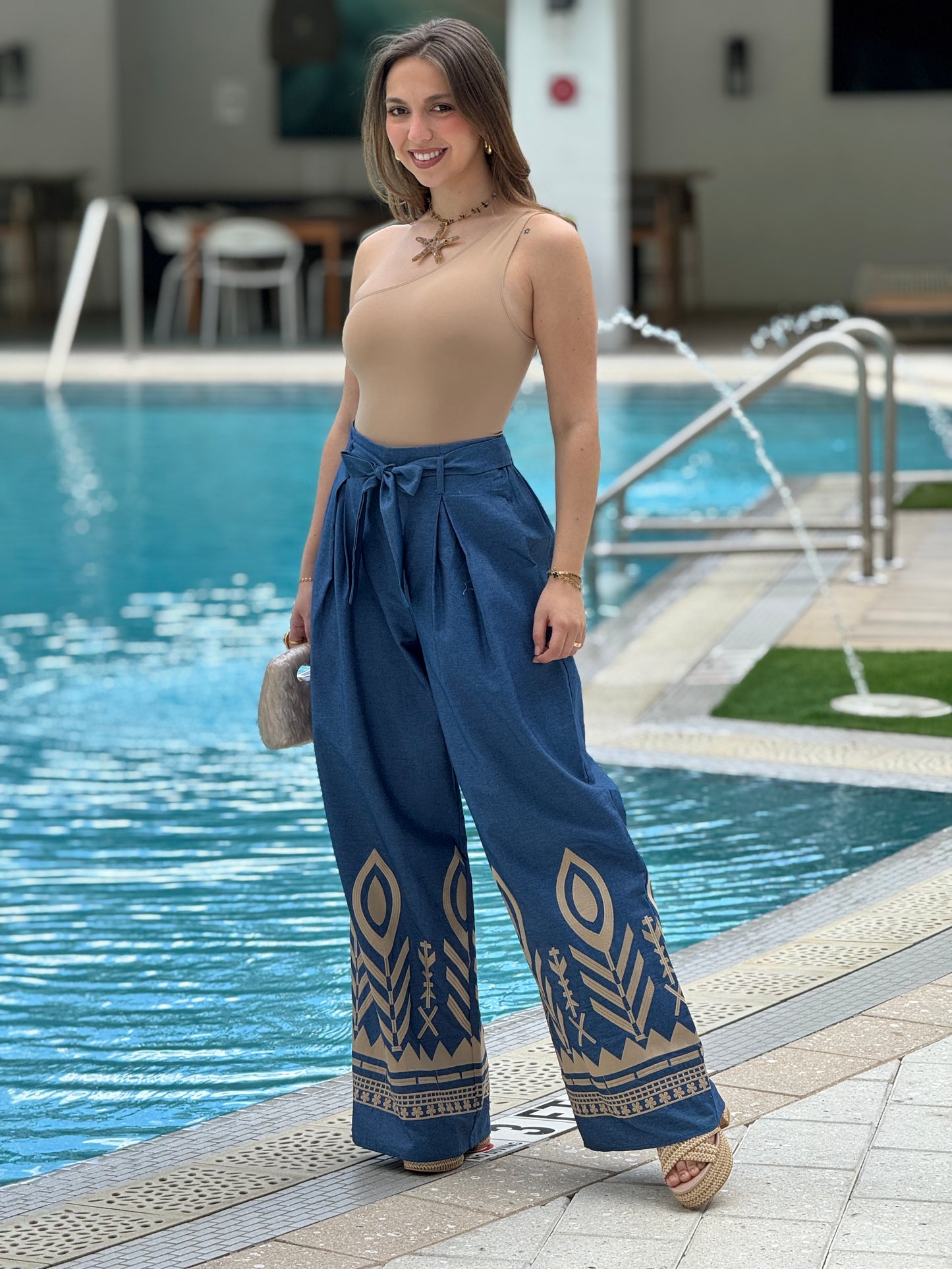 Athens Blue Embroidery Italian Pants
