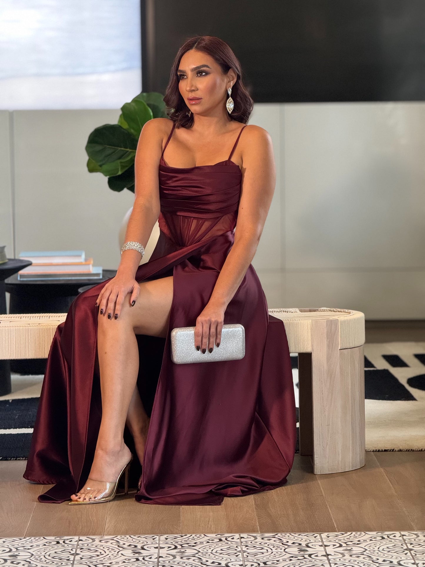 Astrid Burgundy Satin Corset Dress Gala