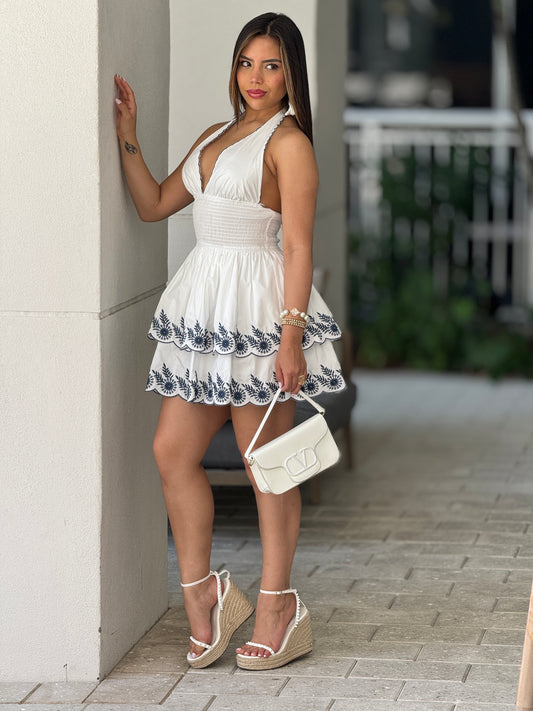 Evelyn White/Navy Embroidery Dress