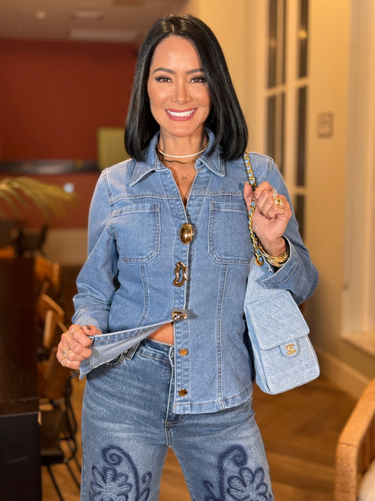 Itoo Gold Buttons Denim Jacket Top