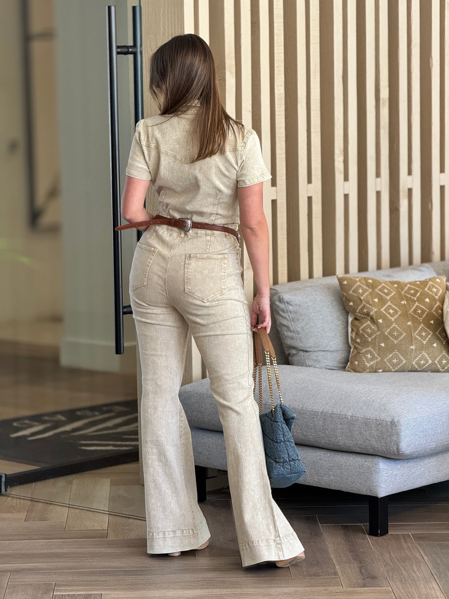 Wisteria Beige Denim Jumpsuit