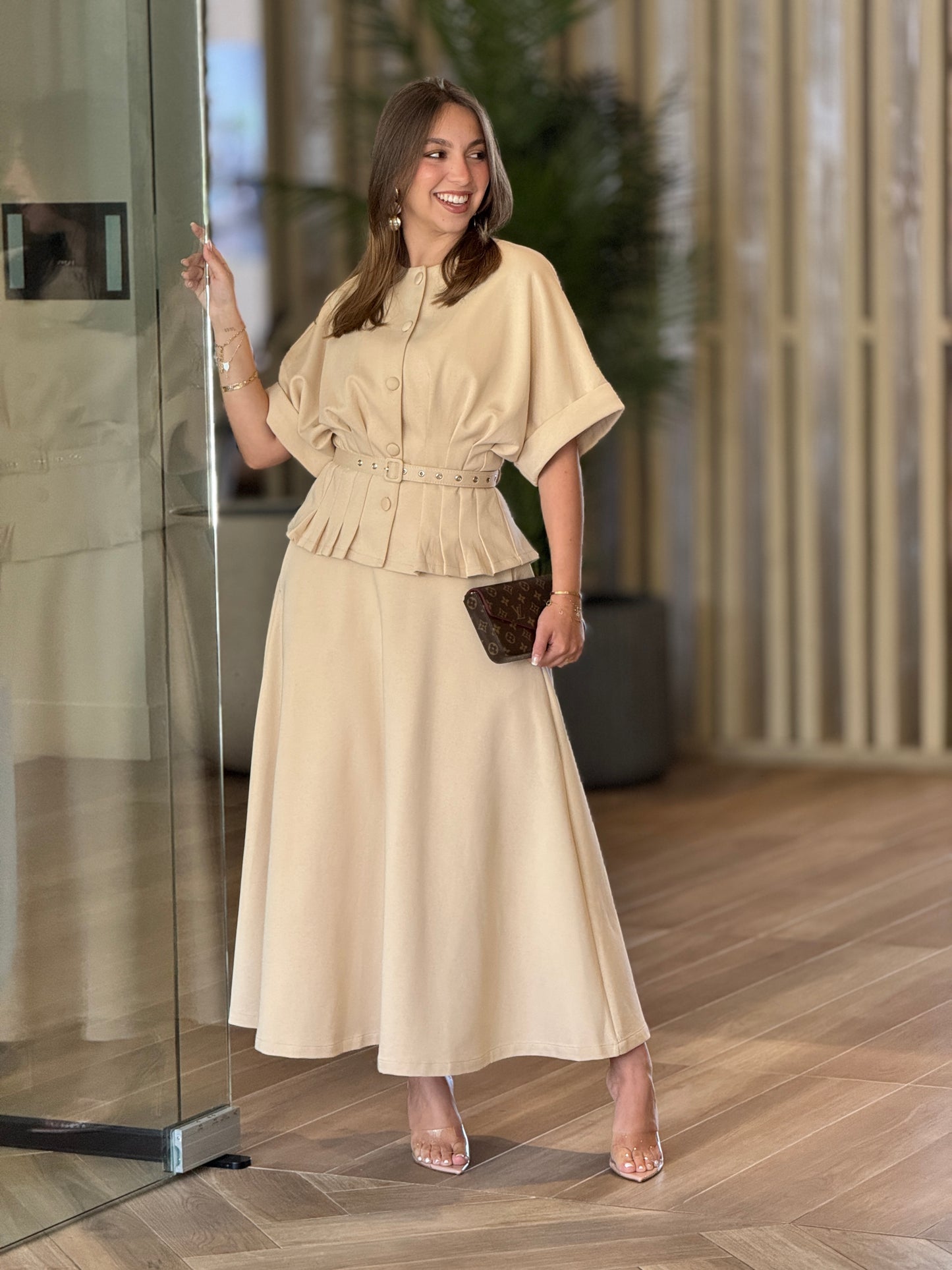 Mulla Beige Pleaded Skirt Set