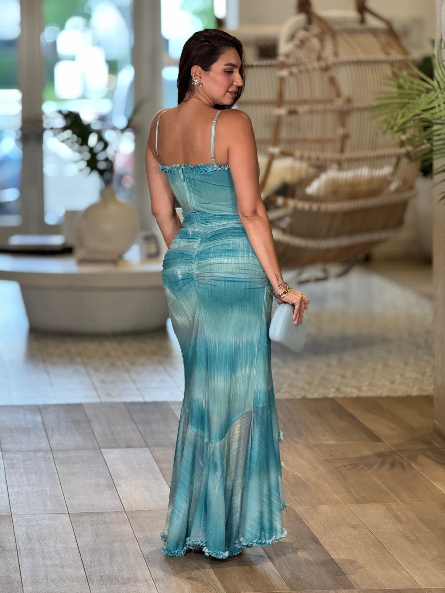 Luxxie Blue/Green Print Mesh Dress Gala