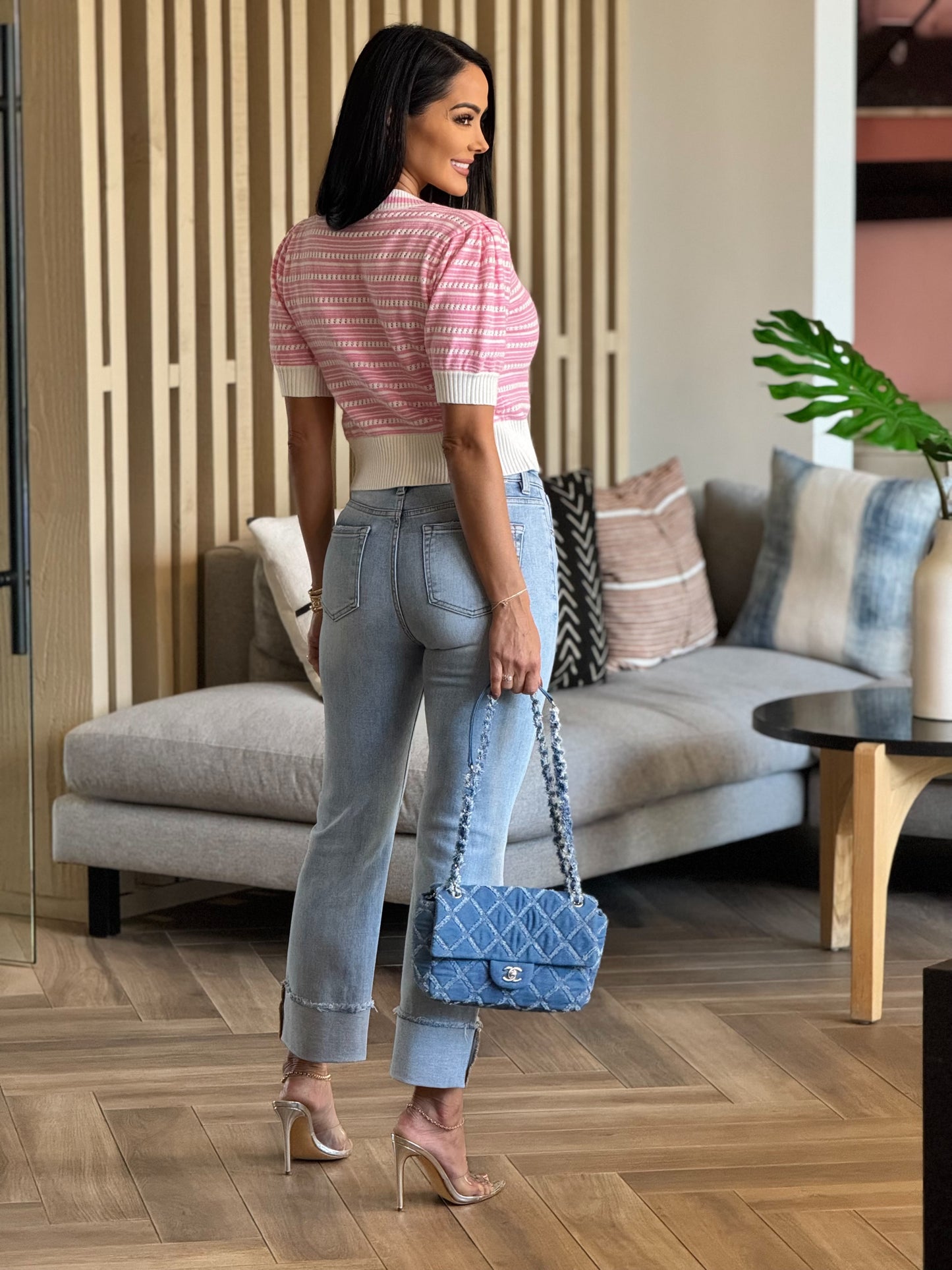 Krista Pink Lines Bow Knitted Top