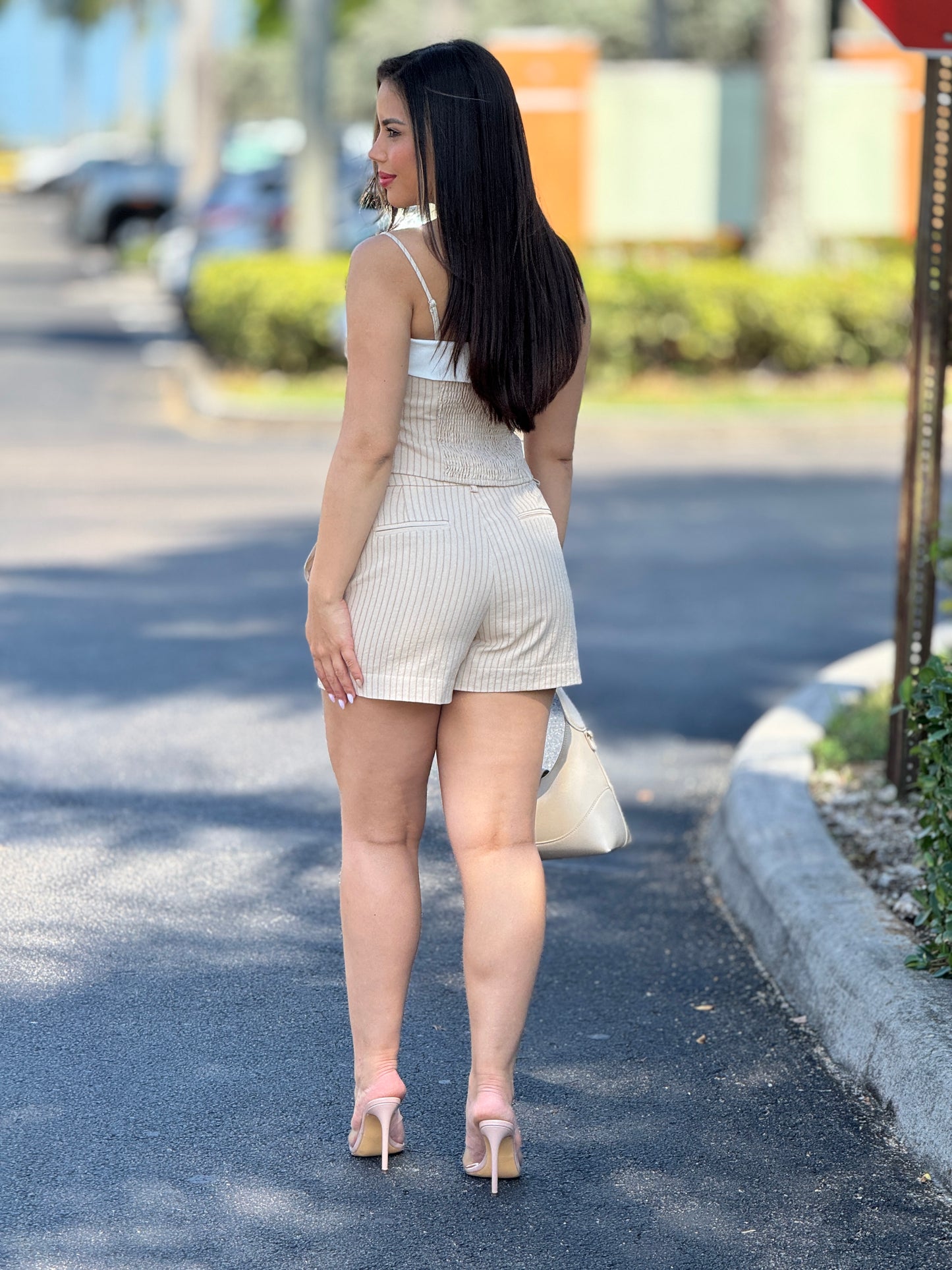Katrina Beige Lines Short Set