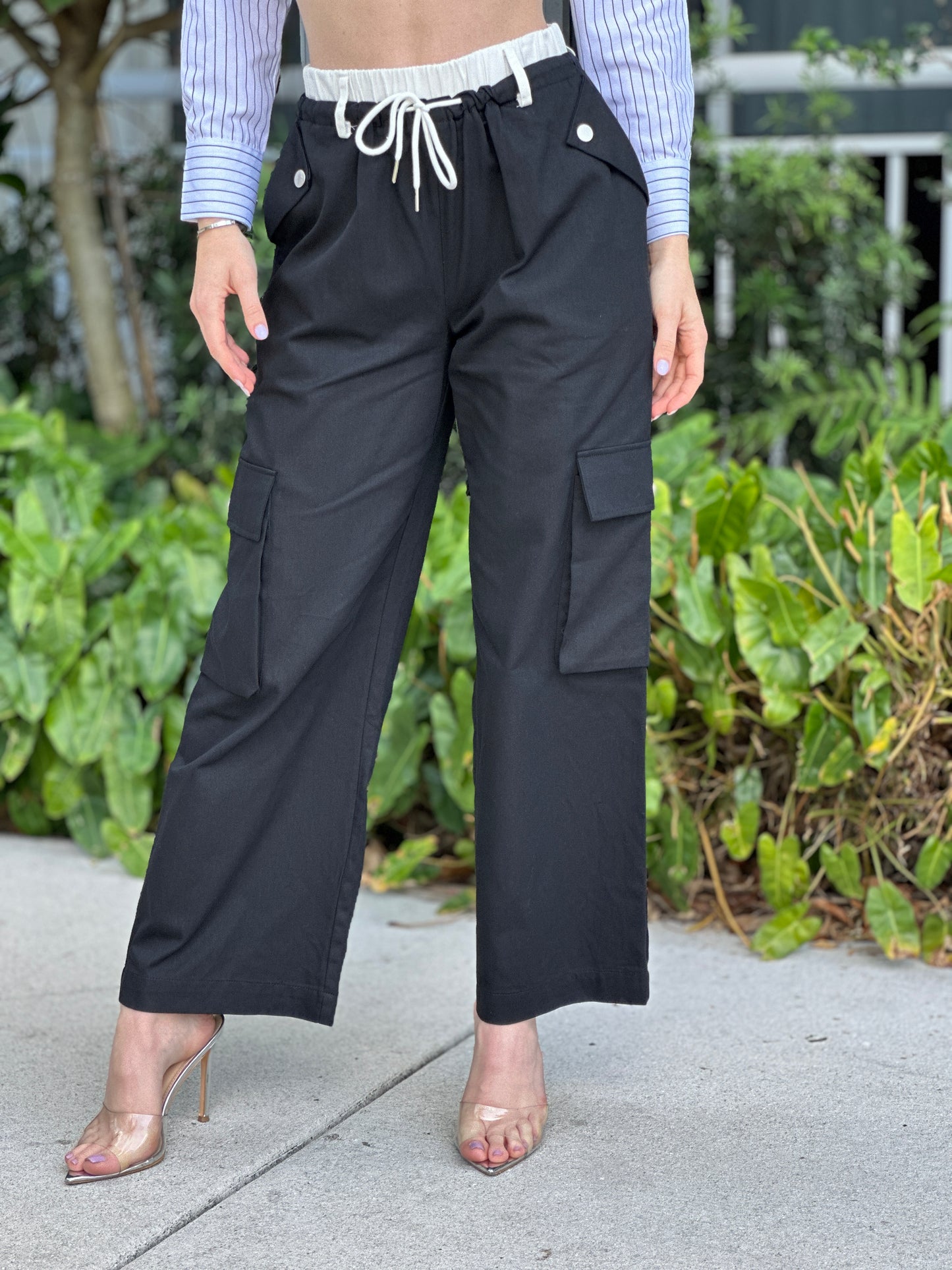 Ingrid Waistband Black Cargo Pants