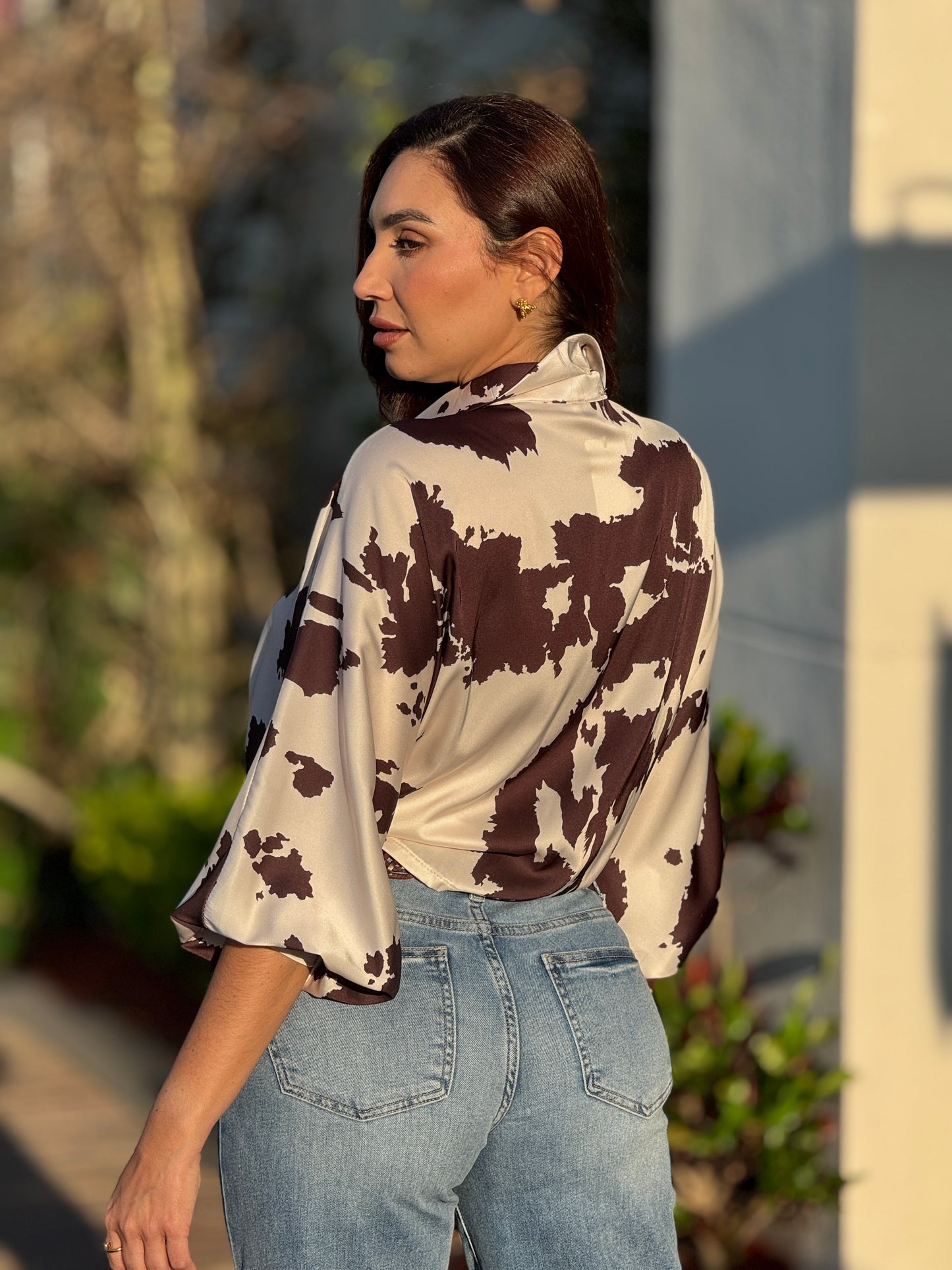 Cow Brown Print Satin Shirt