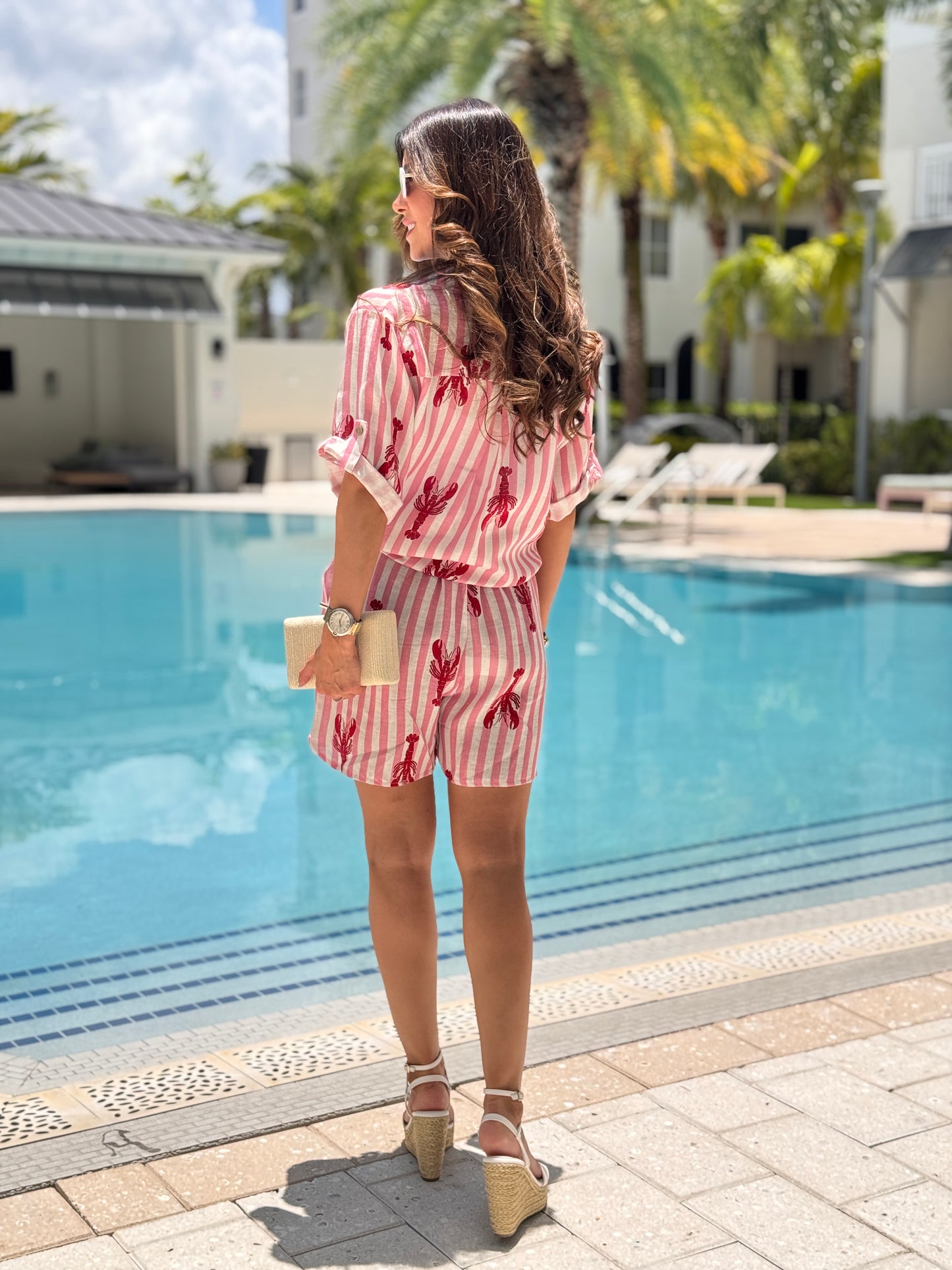 Italy Lobster Pink Lines Linen Short Set