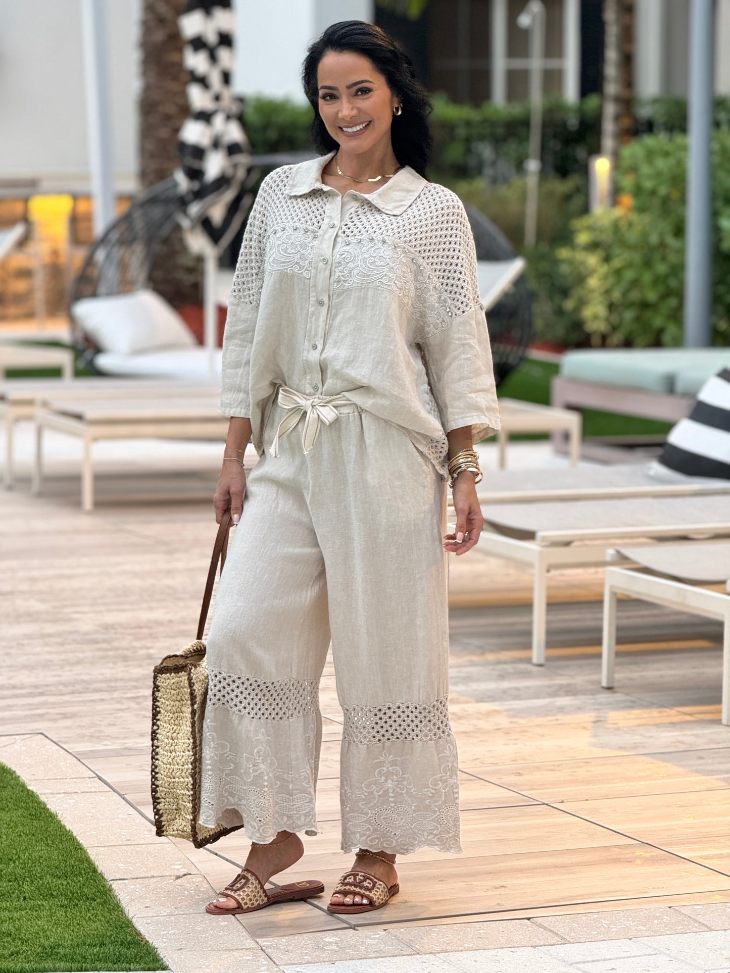 Silvia Beige Rhinestone Linen Set