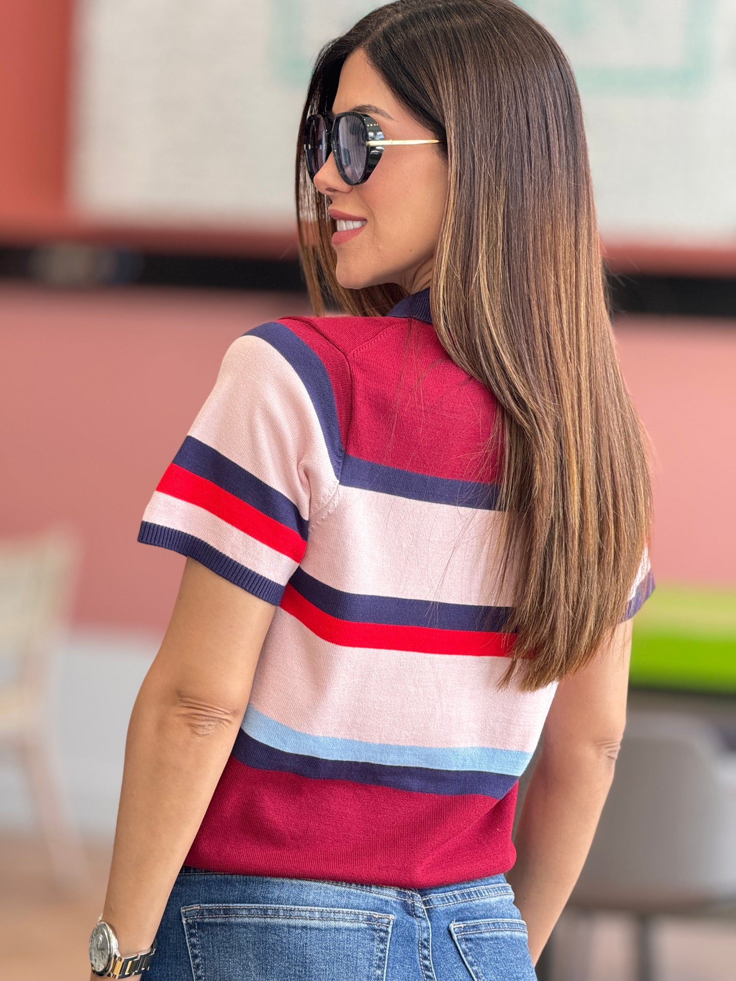 Muy Burgundy/Navy/Pink Knit Chemise Top