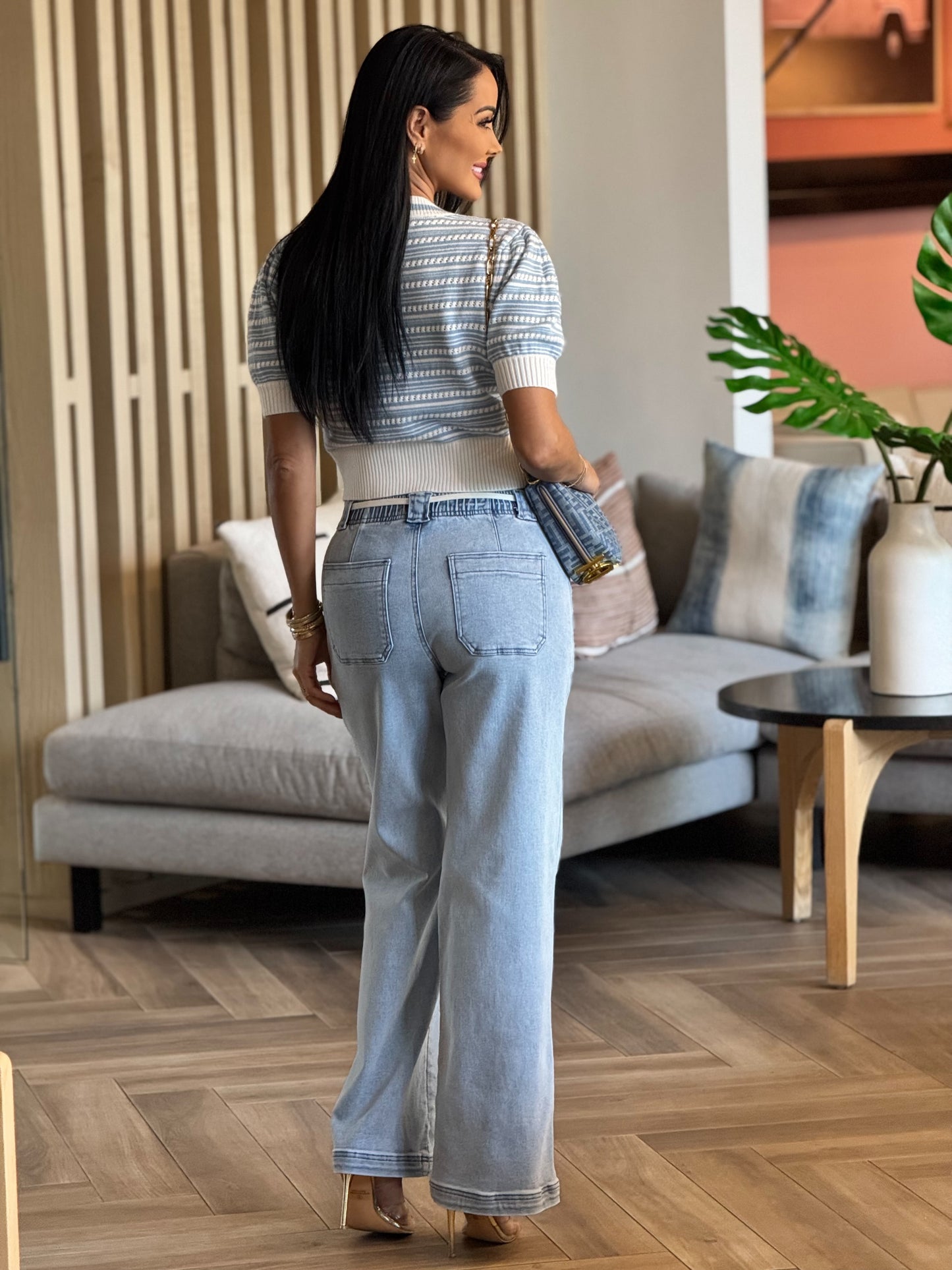 Krista Blue Lines Bow Knitted Top