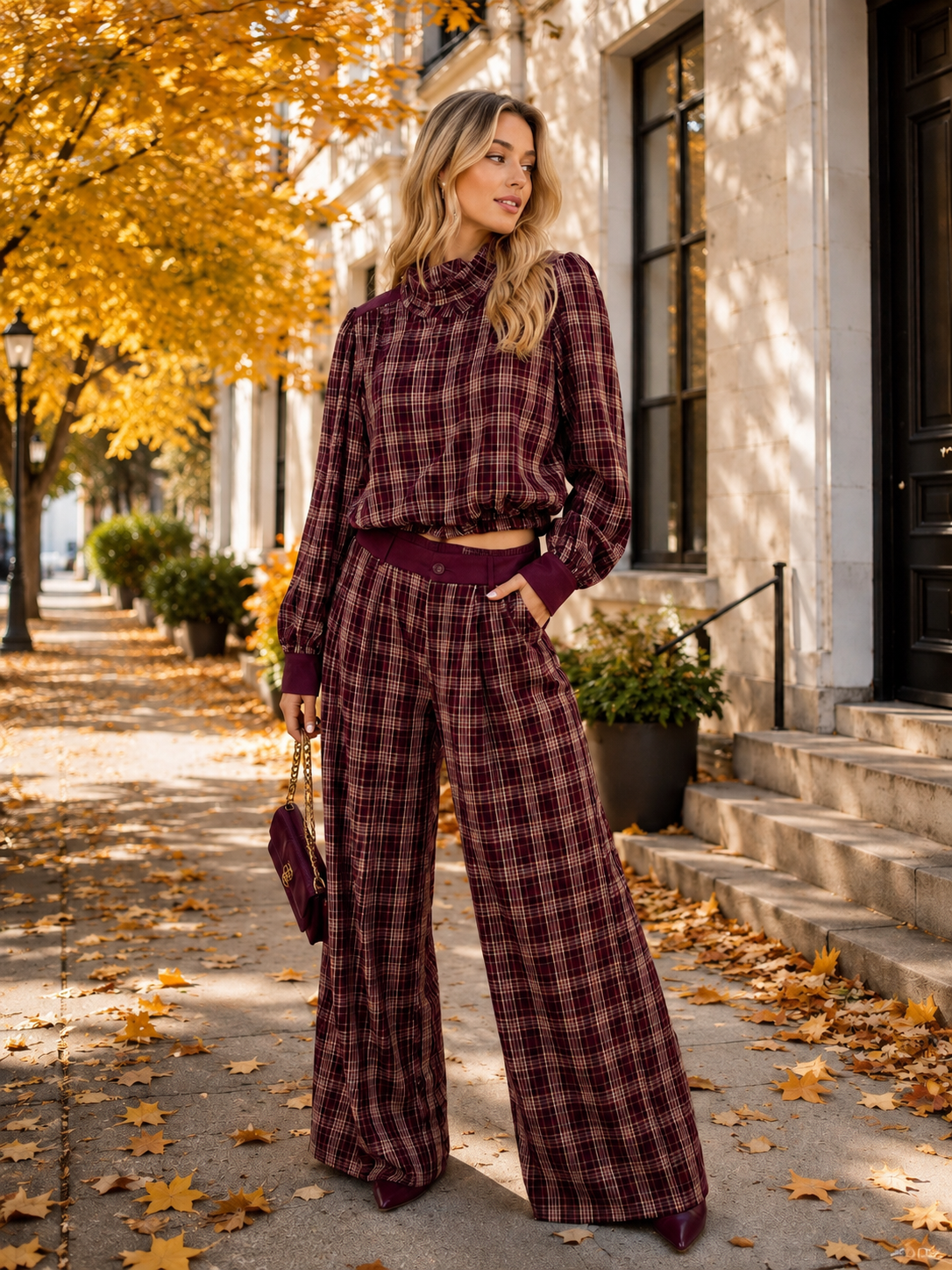Tennie Burgundy Plaid Bomber Set