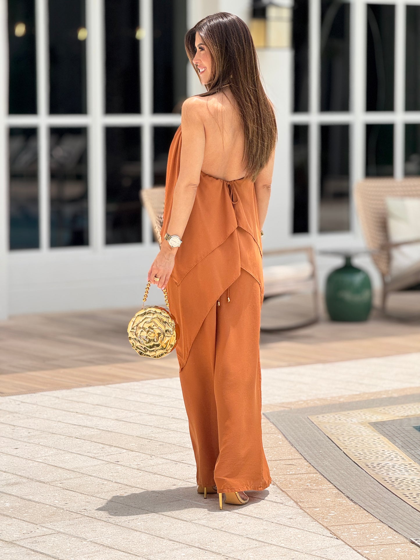 Sabrina Orange Ruffle Necklace Jumpsuit