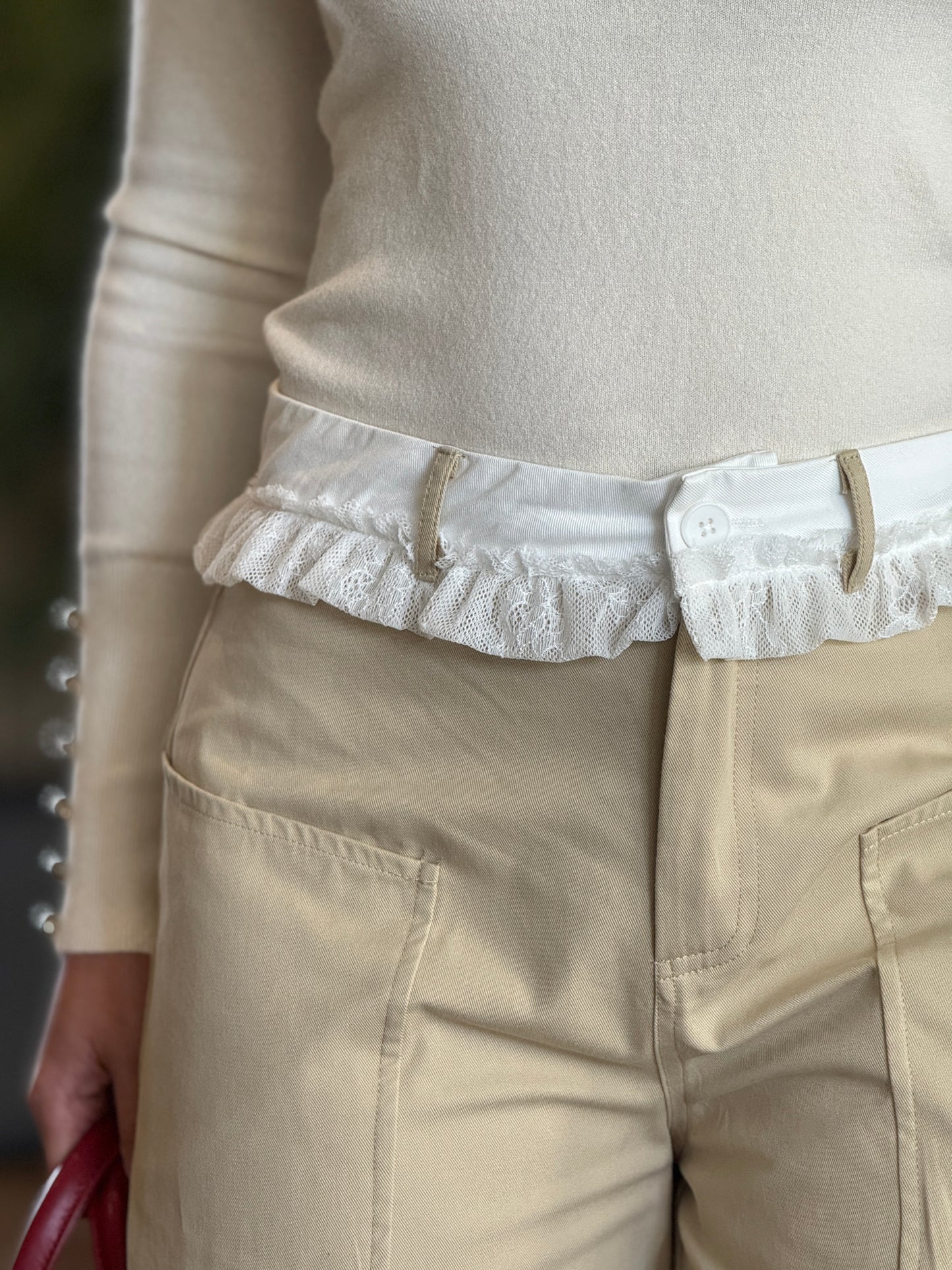 Kelsi Beige/White Lace Waist Pants