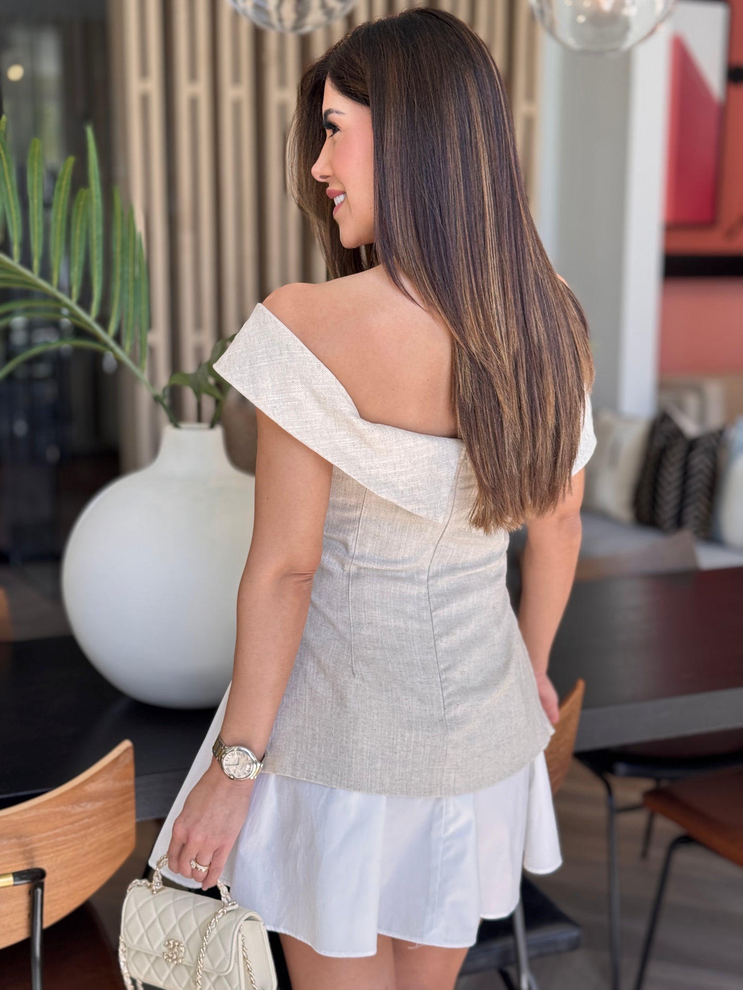 Sofie Beige/White Linen Dress