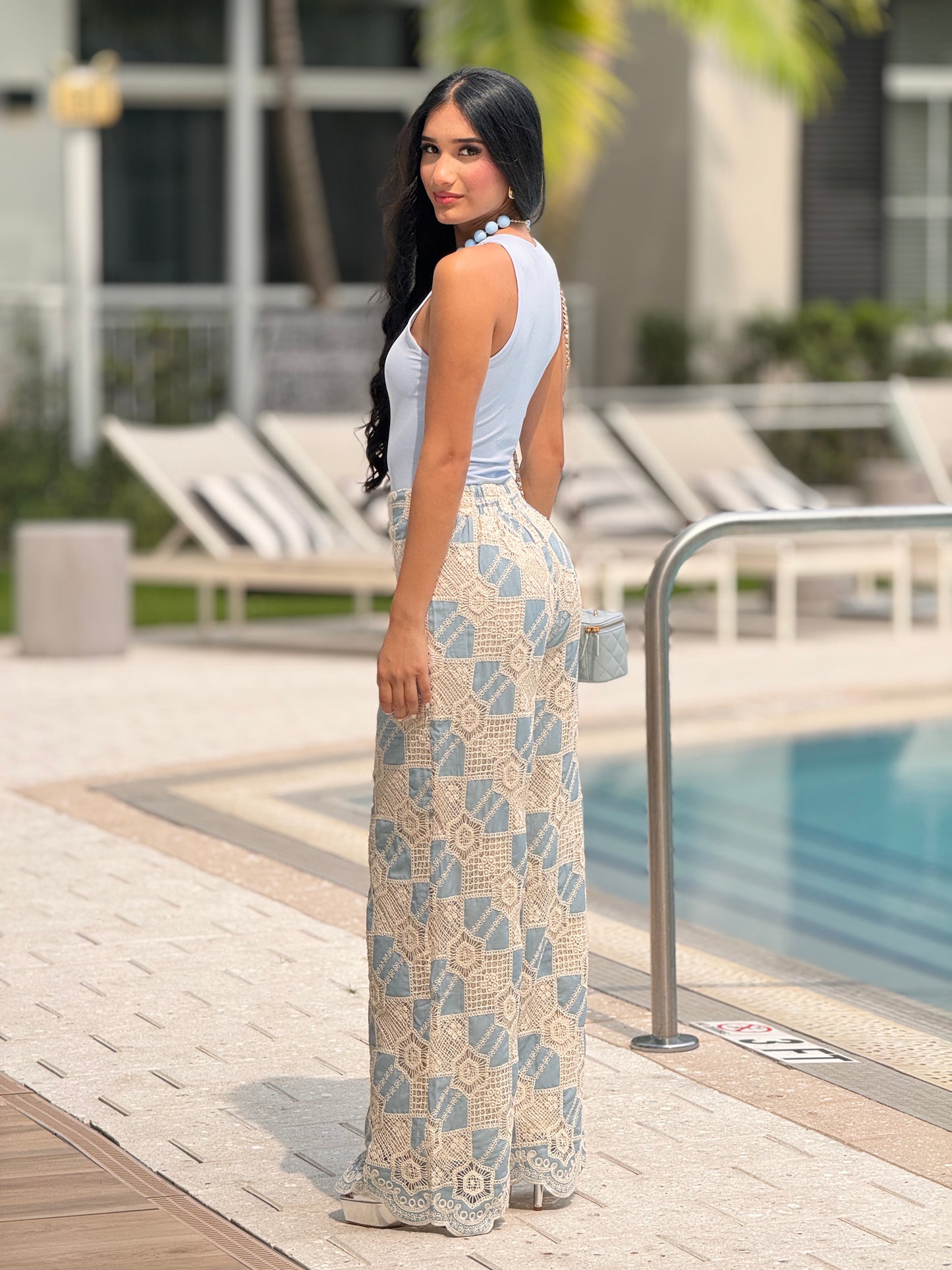 Creta Blue/Beige Torchon Wide Pants