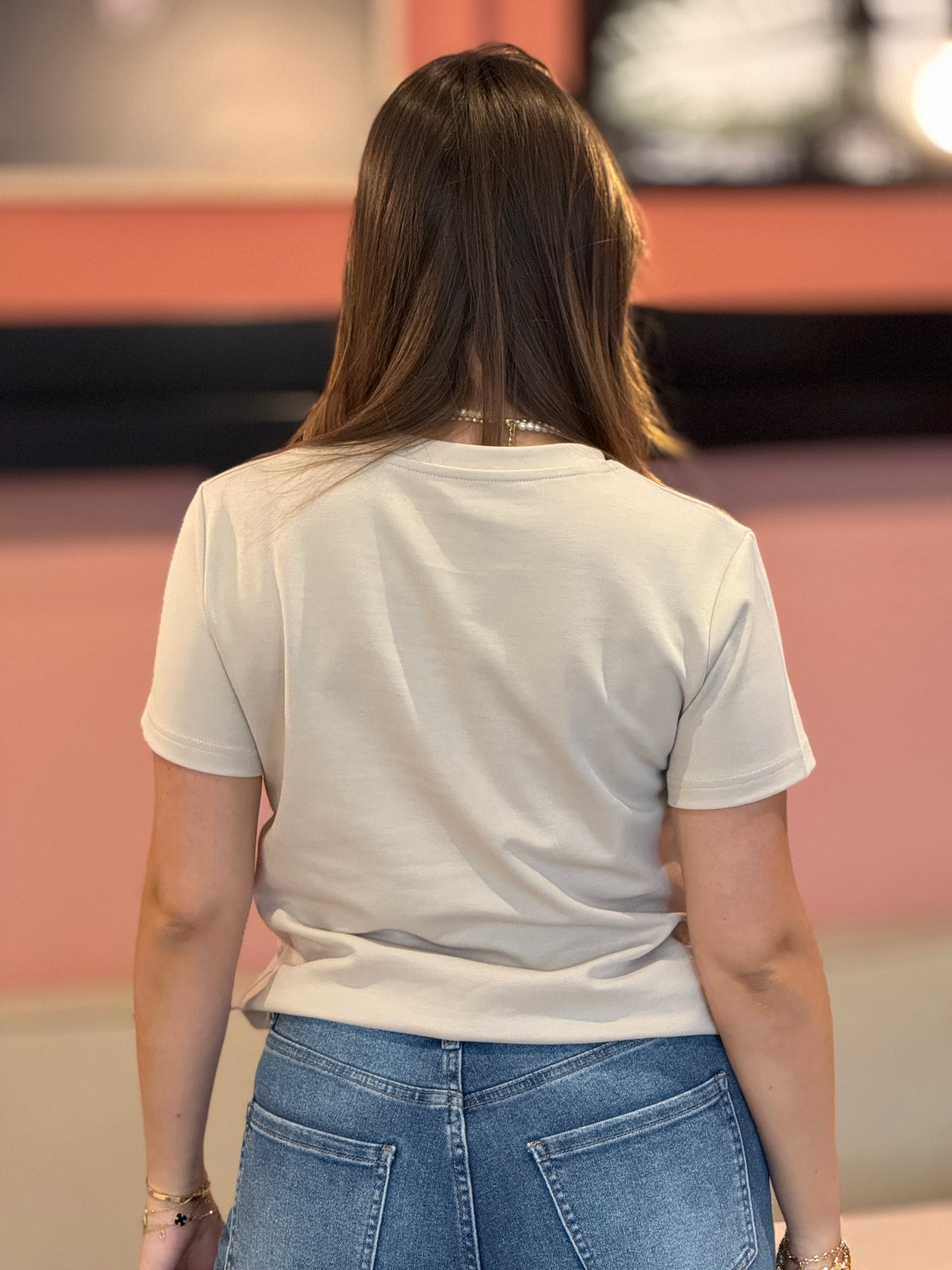 Lalo Beige Rhinestone Logo T-Shirt