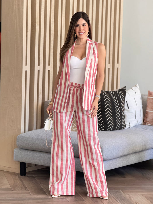 Ovianca Red Linen Lines Vest+Pants Set