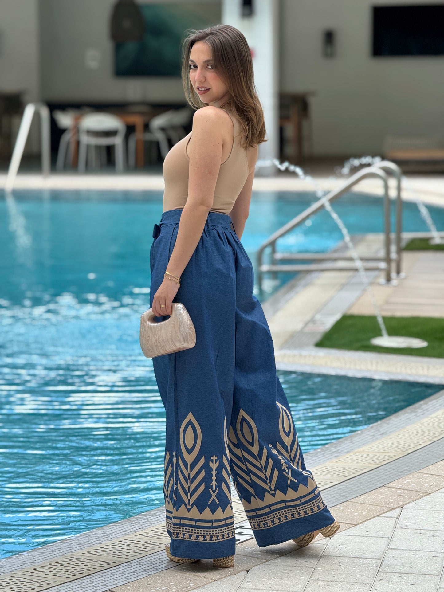 Athens Blue Embroidery Italian Pants