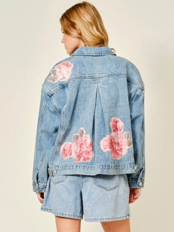 Amber Pink Flowers Denim Jacket Top