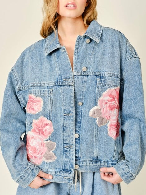 Amber Pink Flowers Denim Jacket Top