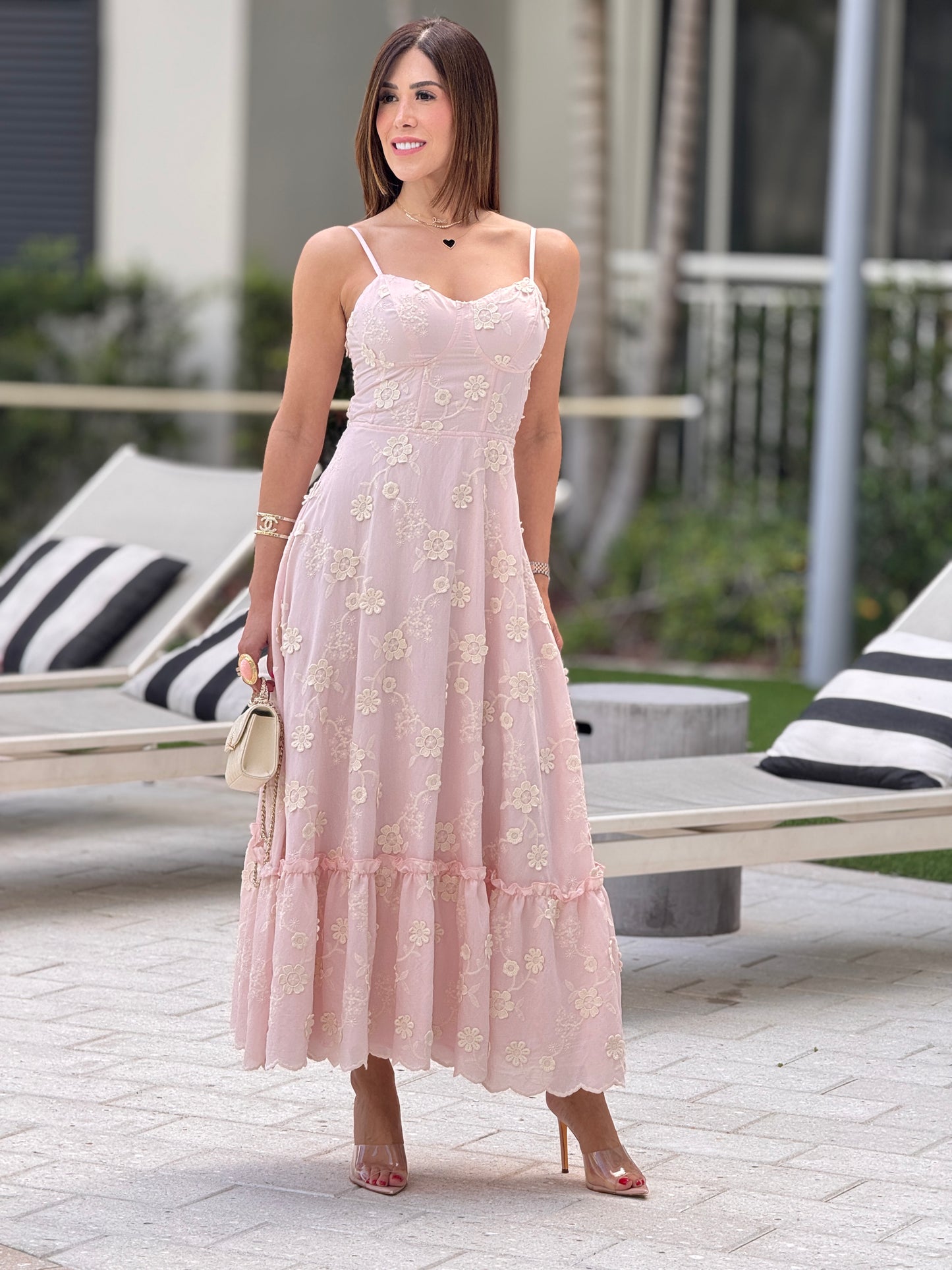 Amable Pink Embroidery Lace Midi Dress