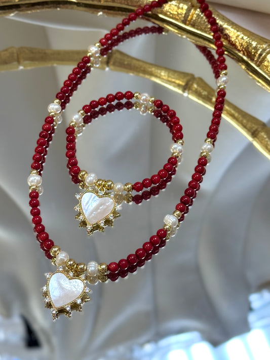 Red Heart Pearl Necklace + Bracelet