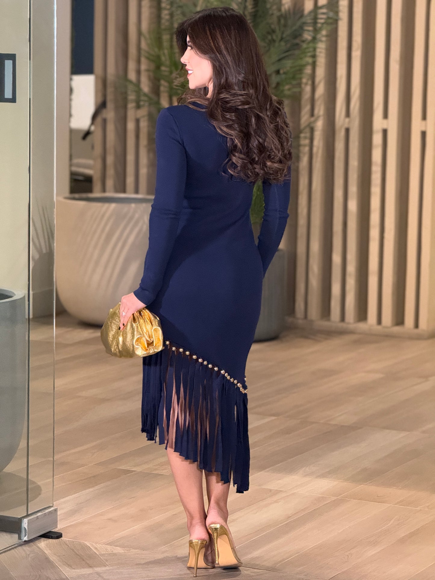 Rivera Navy Asymmetric Fringe Dress