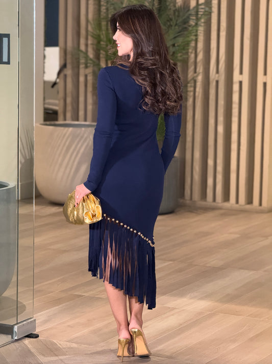 Rivera Navy Asymmetric Fringe Dress