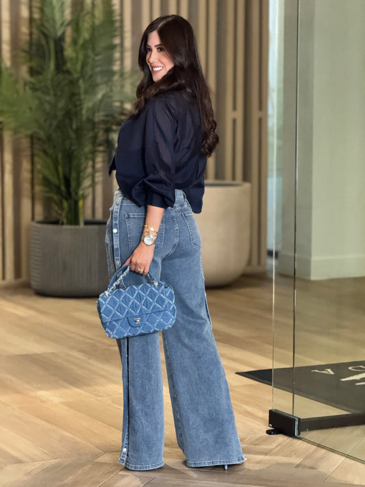 Italian Navy Sheer Knotted Blouse