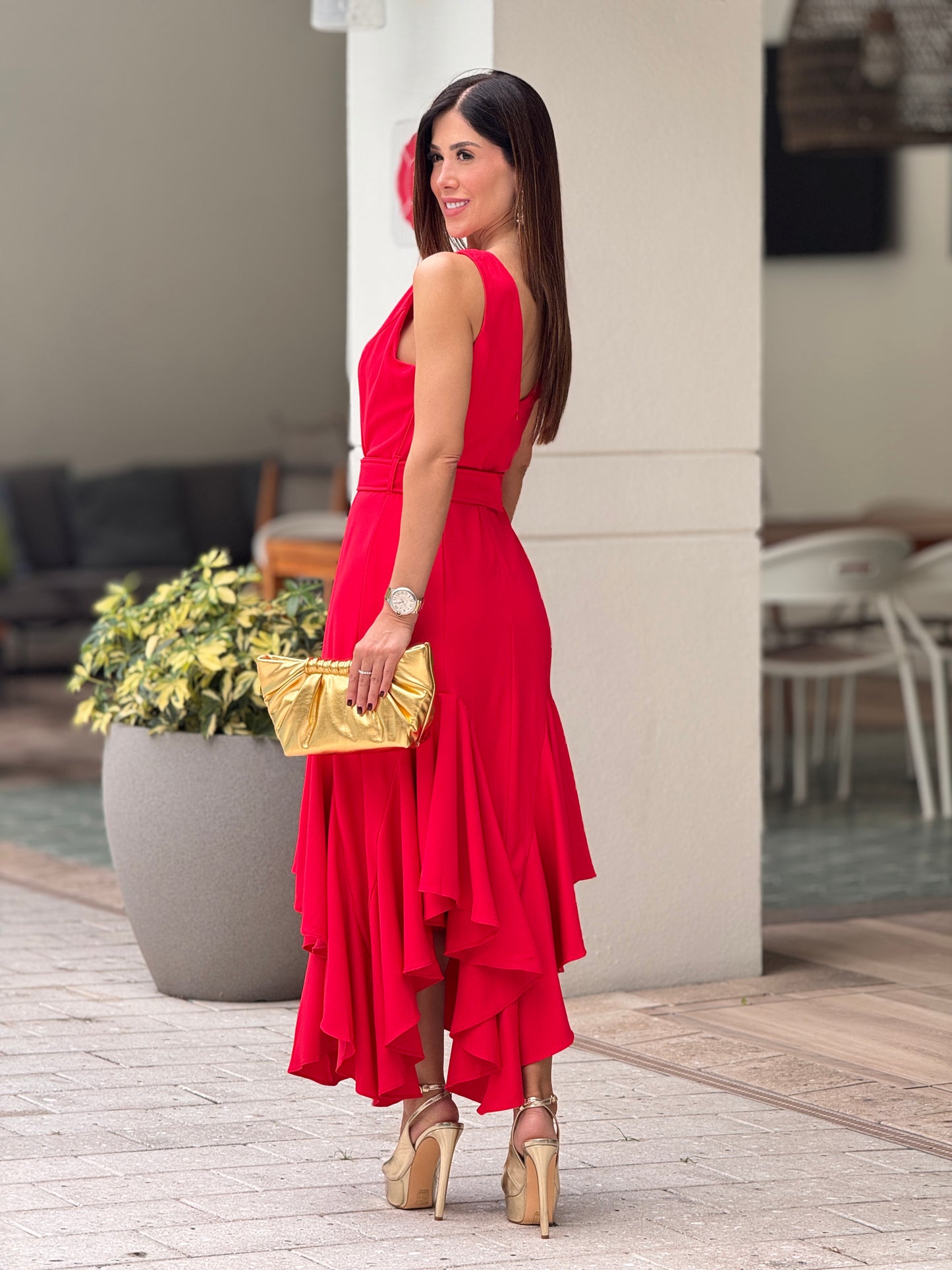 Riviera Red Buckle Midi Dress Gala