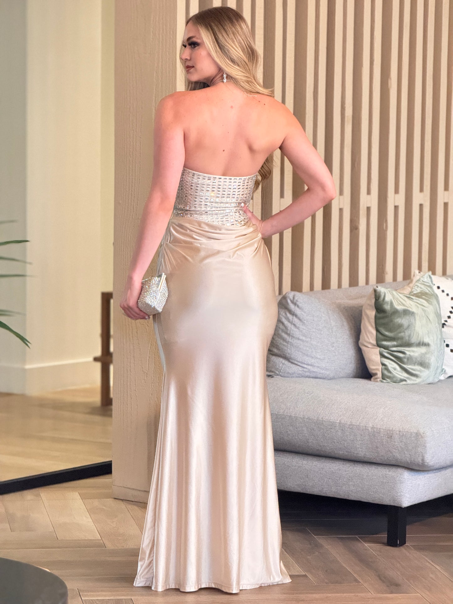 Symphony Ivory Rhinestone Satin Dress Gala