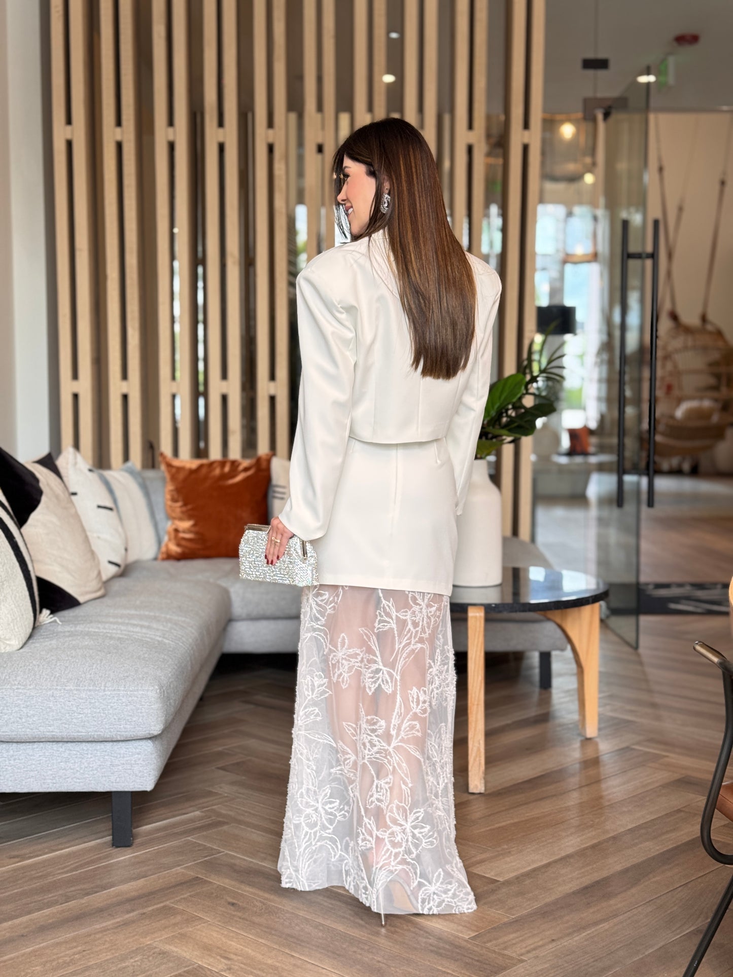 Italian White Lace Blazer+Skirt Set