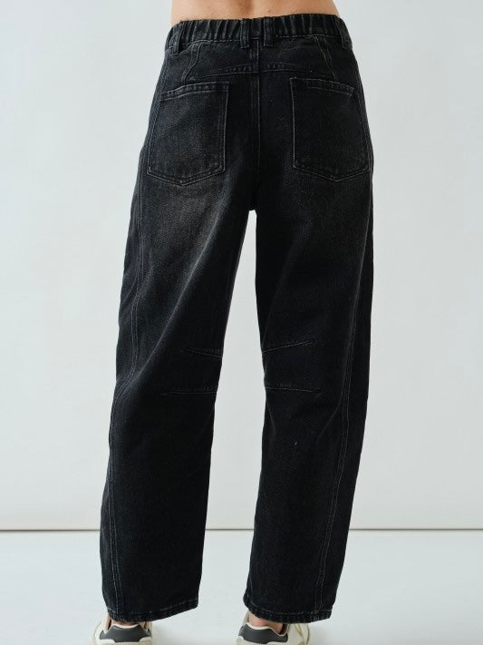 Amber Black Embroidery Barrel Jeans