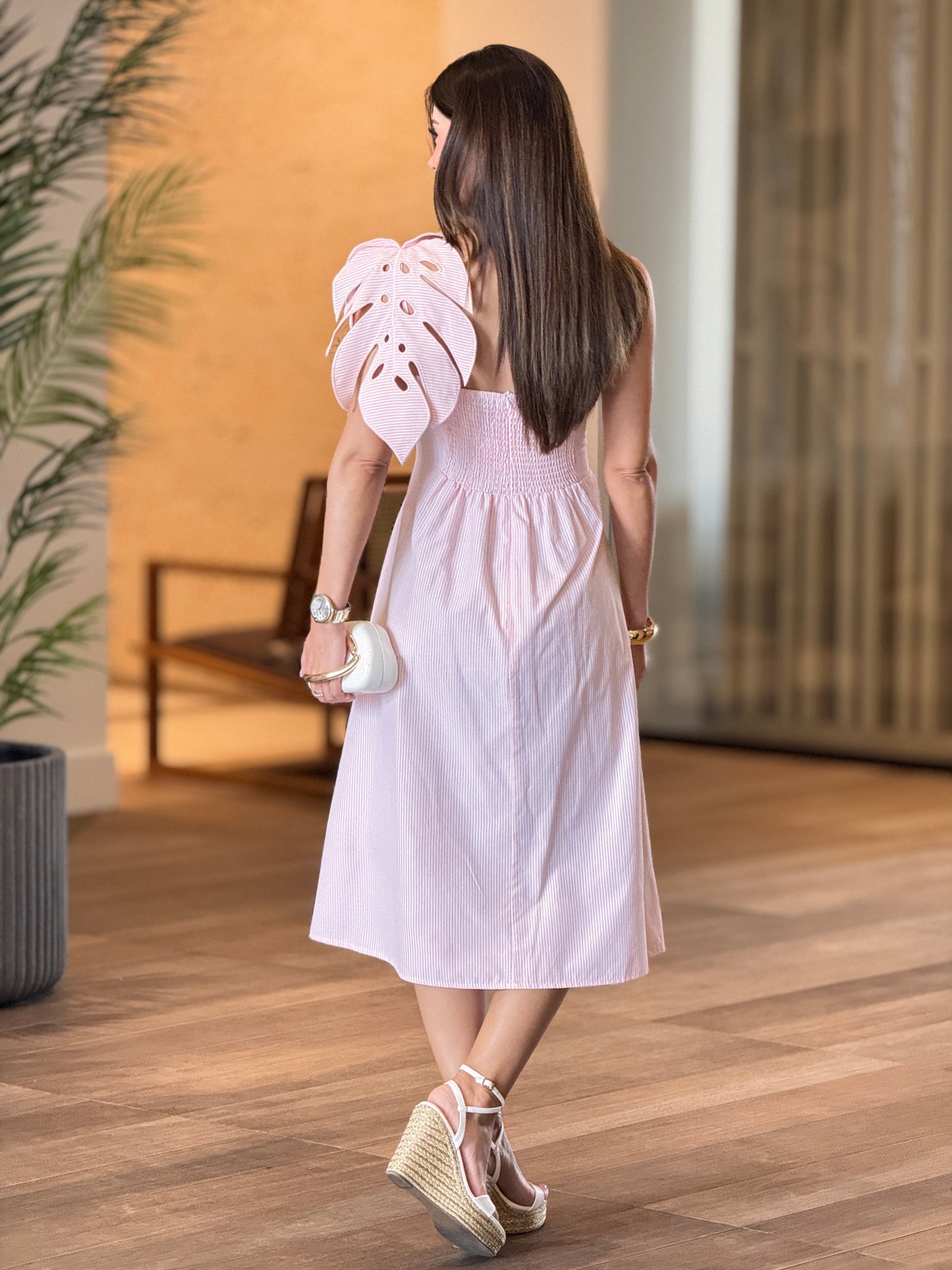 Leave Pink/White Lines Midi Dress
