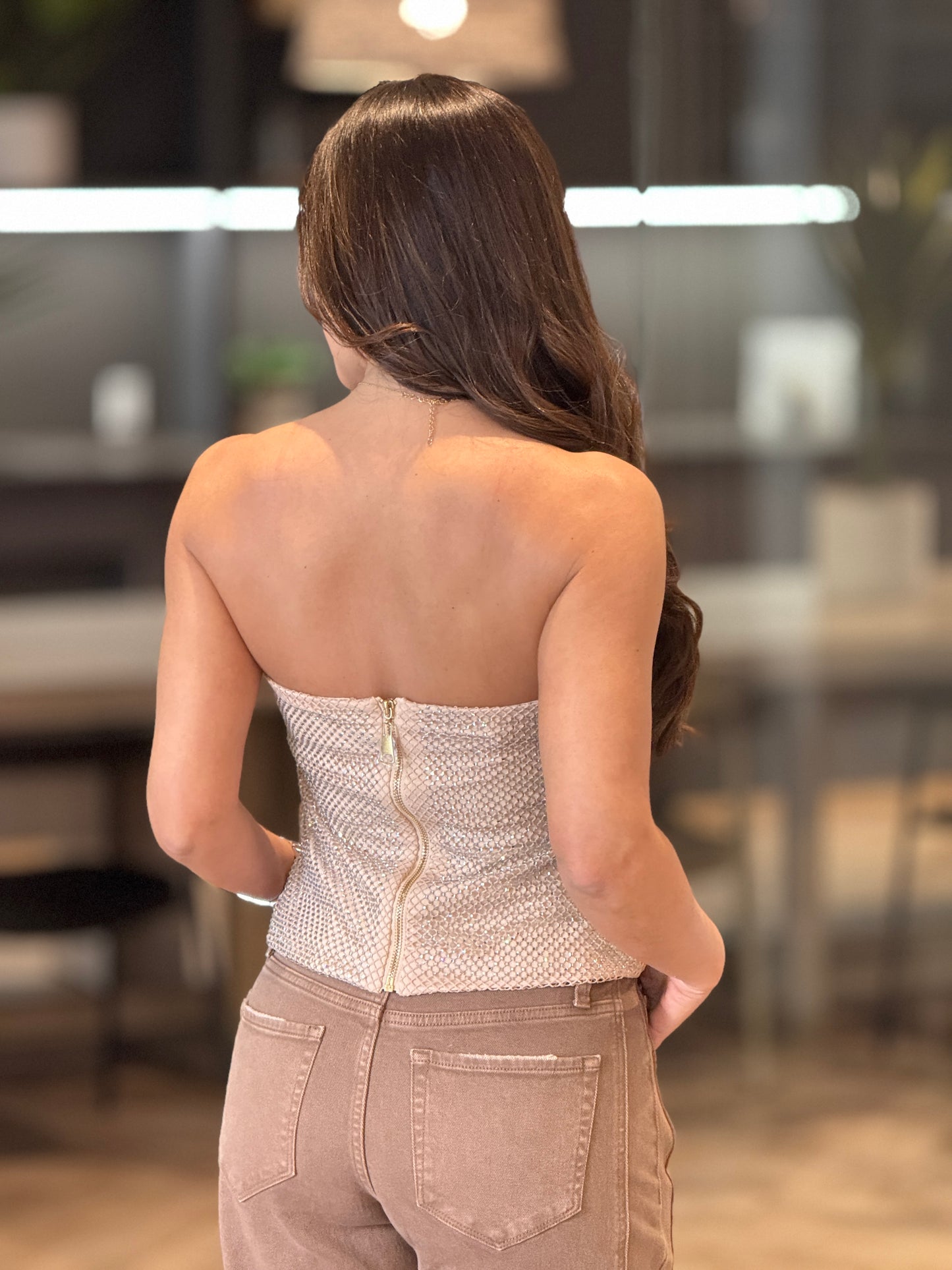 Muy Beige Strapless Rhinestone Top